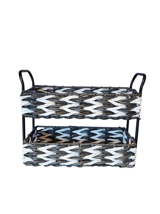 2-Tier Black/White Woven Basket Storage Organizer | NWOT