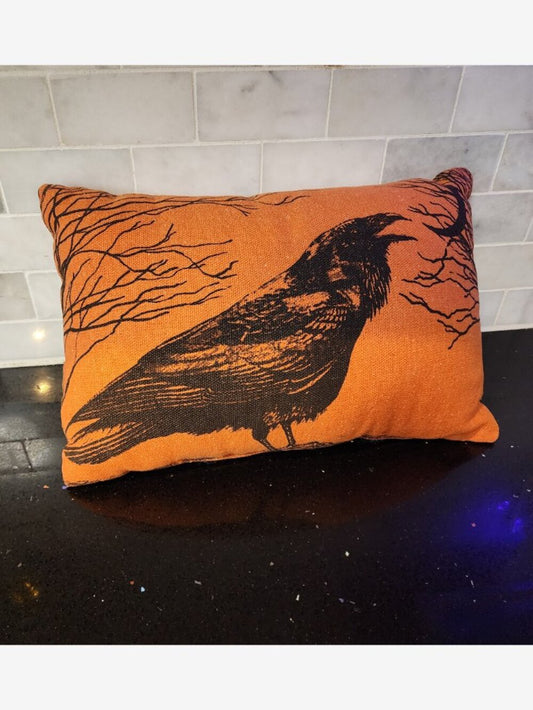 Vintage Orange/Black Raven Throw Pillow
