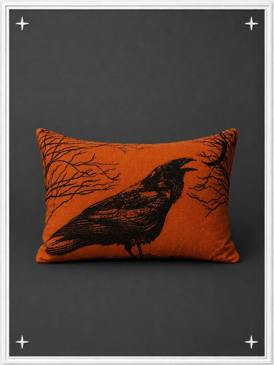 Vintage Orange/Black Raven Throw Pillow