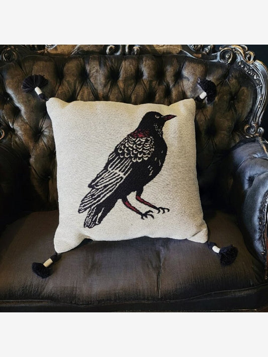 Embroidered Tassel Raven Throw Pillow