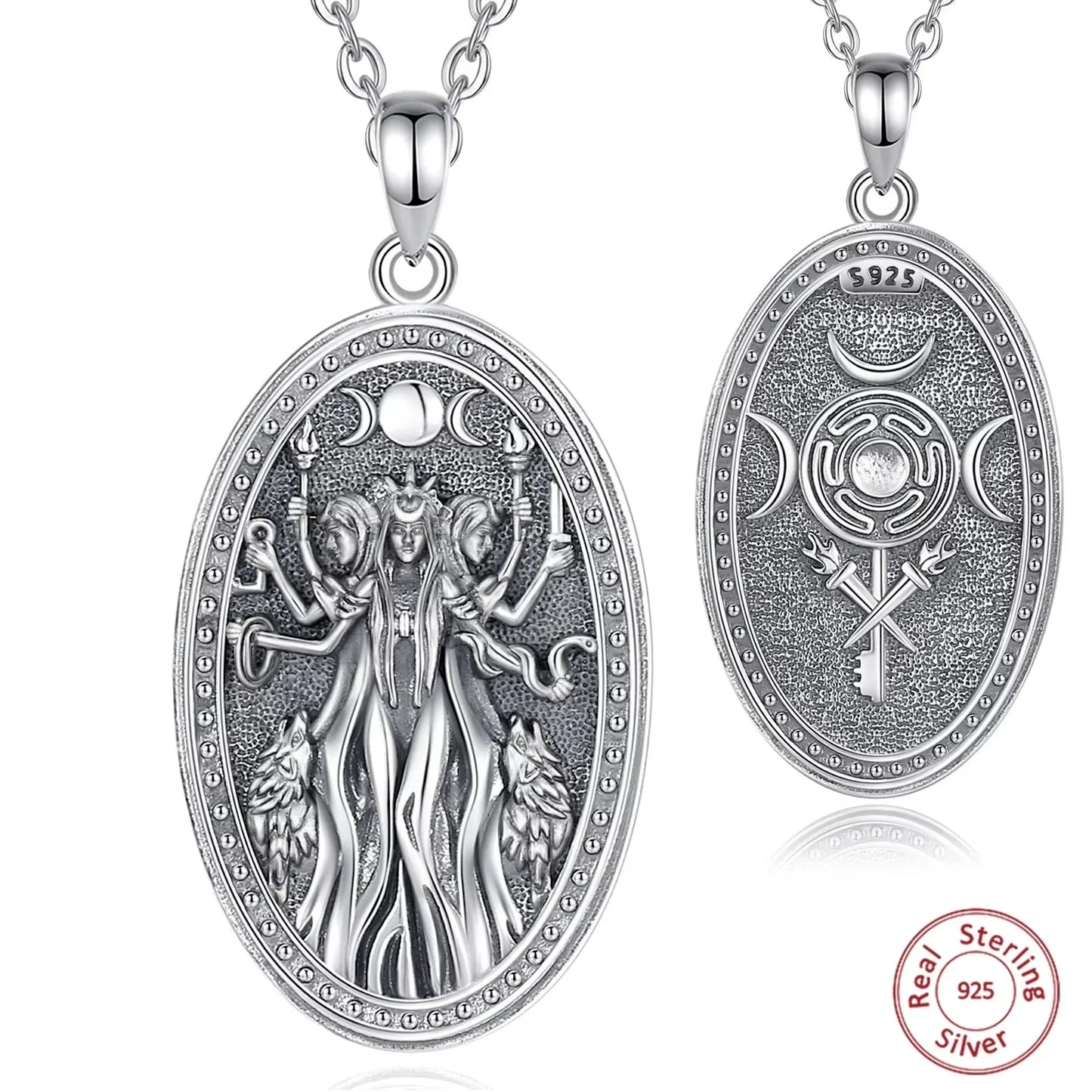Triple Moon Goddess Sterling Silver Necklace