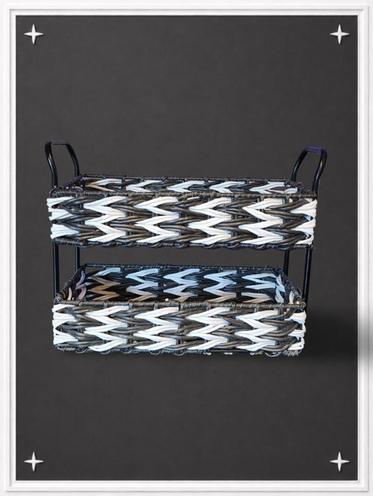2-Tier Black/White Woven Basket Storage Organizer | NWOT