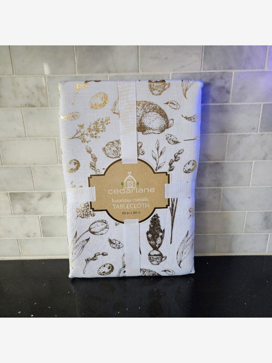 White/Gold Easter Print Tablecloth | NWT