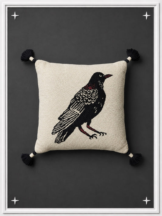 Embroidered Tassel Raven Throw Pillow