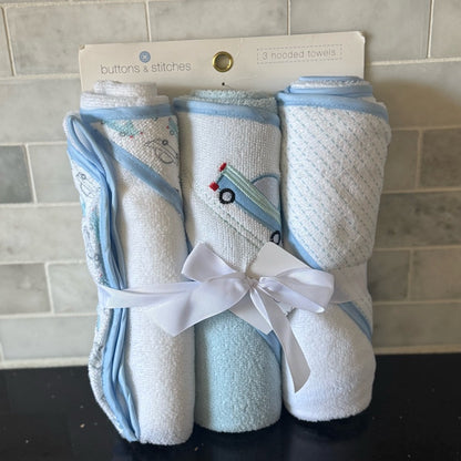 🚙 3-Pack Hooded Soft Plush Baby Towel Set, Blue/White Cars- NWOT