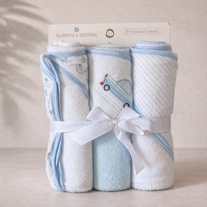 🚙 3-Pack Hooded Soft Plush Baby Towel Set, Blue/White Cars- NWOT